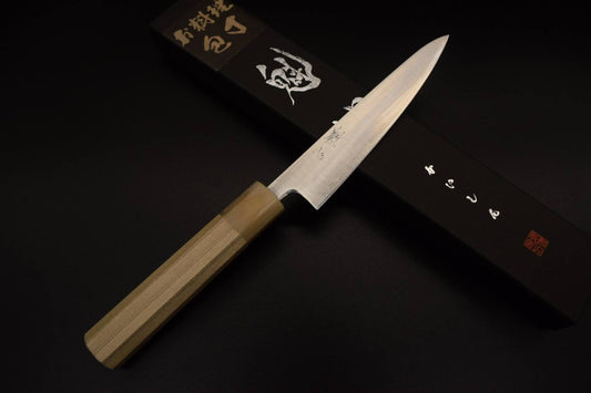 Kaishin Aogami Super Thin Petty 150mm (Octagonal magnolia wood with buffalo horn - white color)
