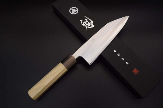 Kaishin Aogami Super Thin Santoku 165mm (Octagonal magnolia wood with buffalo horn - white color)