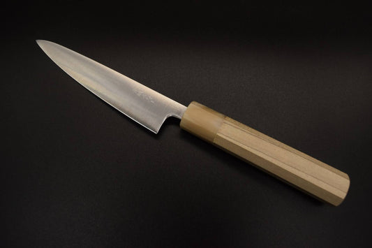 Kaishin Aogami Super Thin Petty 150mm (Octagonal magnolia wood with buffalo horn - white color)